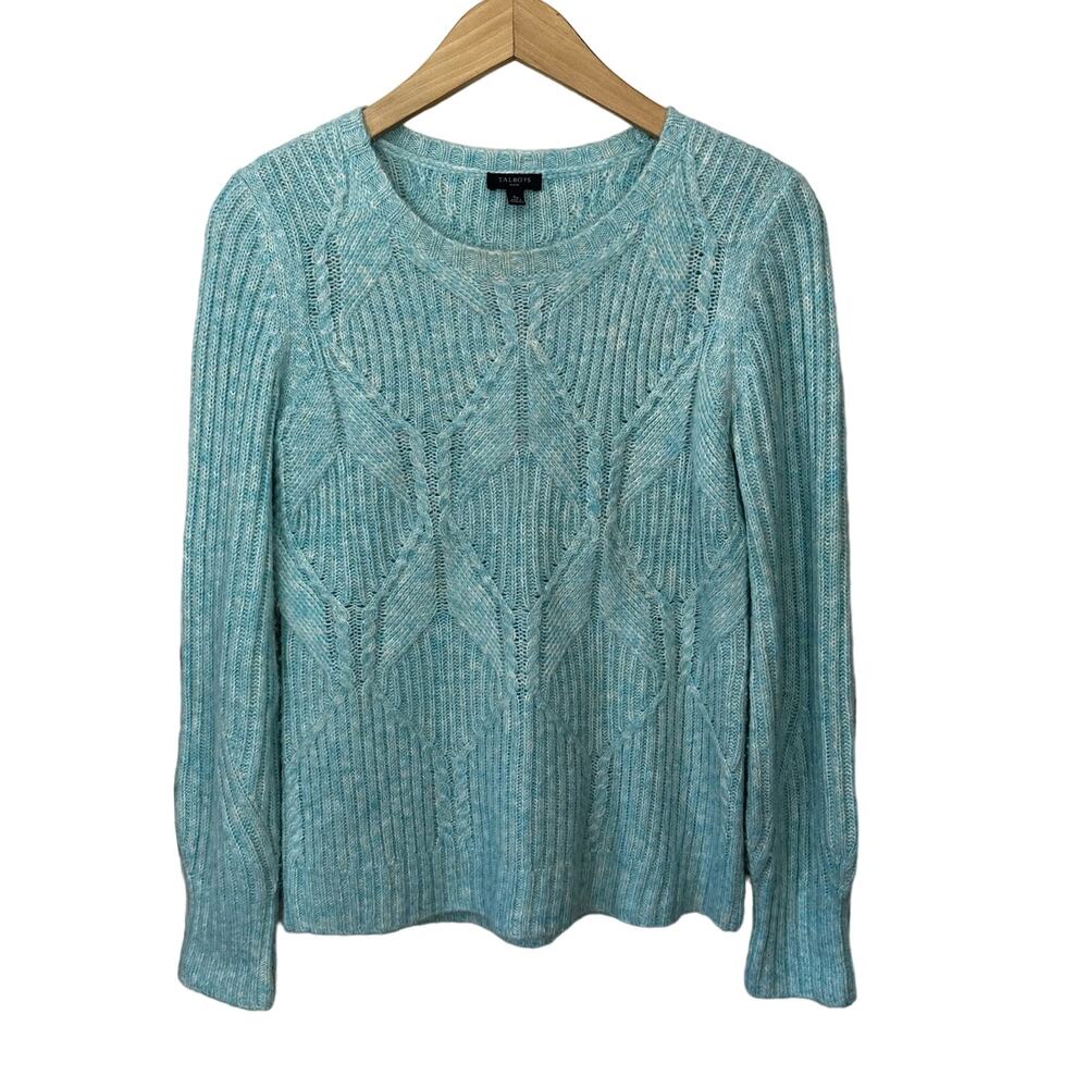 Talbots Petite Sweater Womens SP Small Blue White Crew Neck Wool Blend Pullover